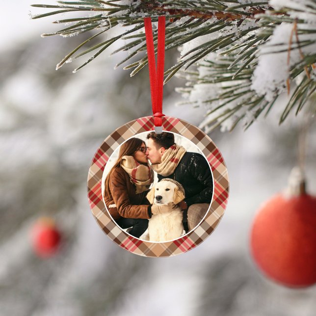 Elegant Tan Tartan Plaid Custom Christmas Photo Ornament (Creator Uploaded)
