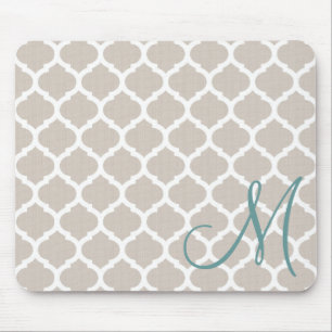 Elegant tan trellis pattern. Teal monogram Mouse Mat