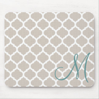 Elegant tan trellis pattern. Teal monogram Mouse Mat