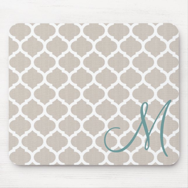 Elegant tan trellis pattern. Teal monogram Mouse Mat (Front)