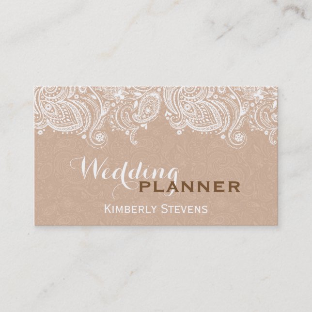 Elegant Tan & White Floral Paisley Lace Business Card (Front)