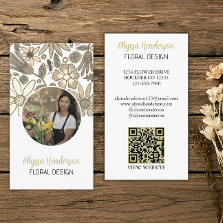 Elegant Tan & White Floral Photo QR Code Logo Business Card
