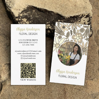 Elegant Tan & White Floral Photo QR Code Logo Business Card