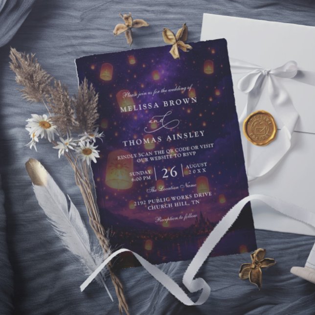 Elegant Tangled Lanterns Budget QR Code Wedding Invitation (Creator Uploaded)