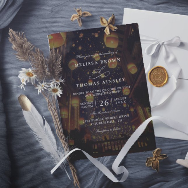 Elegant Tangled Lanterns Budget QR Code Wedding Invitation (Creator Uploaded)