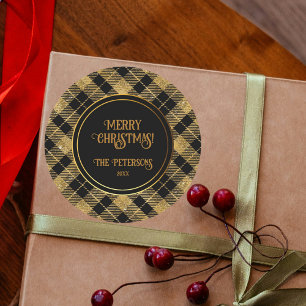 Elegant Tartan Black Gold Glitter Classic Round Sticker