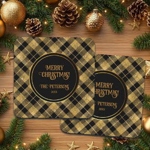 Elegant Tartan Black Gold Glitter Coaster