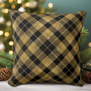 Elegant Tartan Black Gold Glitter Cushion