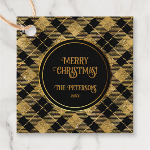 Elegant Tartan Black Gold Glitter Favour Tags