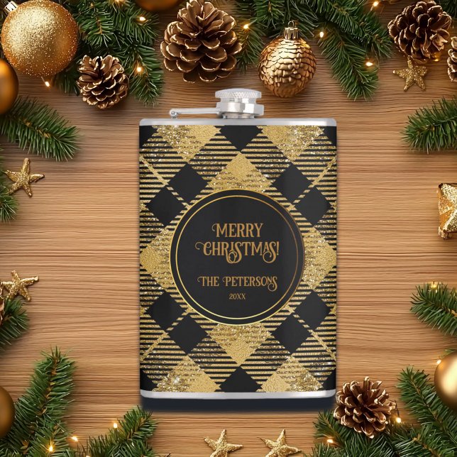 Elegant Tartan Black Gold Glitter  Hip Flask (Creator Uploaded)