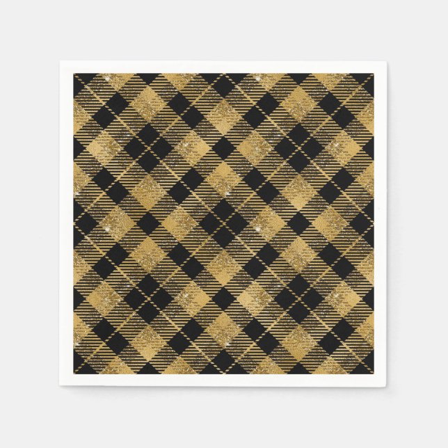 Elegant Tartan Black Gold Glitter Napkin (Front)
