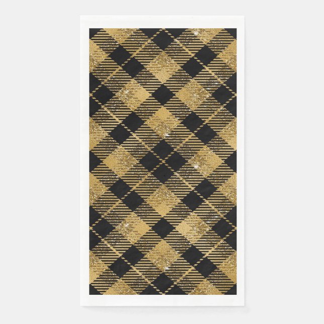 Elegant Tartan Black Gold Glitter Napkin (Front)