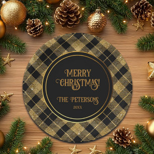 Elegant Tartan Black Gold Glitter Paper Plate