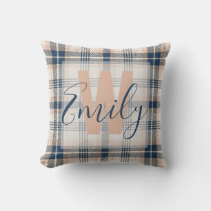 Elegant Tartan Blue Cream Monogram Cushion