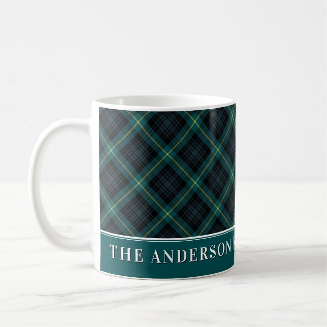 Elegant Tartan Hunter Green Plaid Custom Family Coffee Mug (Left)