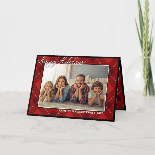 Elegant Tartan Modern Happy Holidays Family Photo Holiday Card (Front)