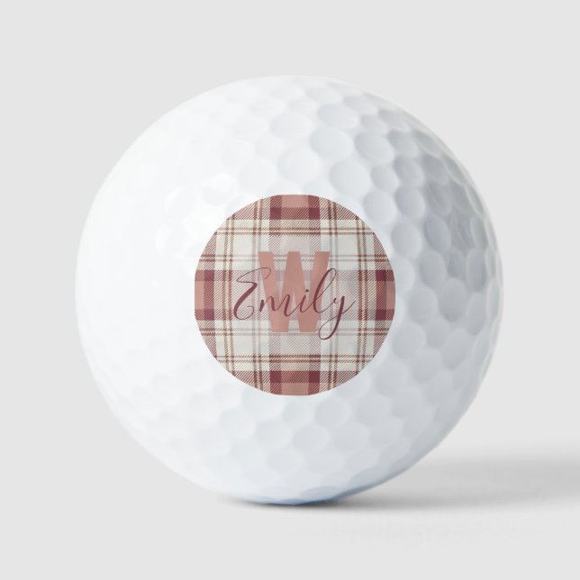Elegant Tartan Pink Cream Monogram Golf Balls (Front)