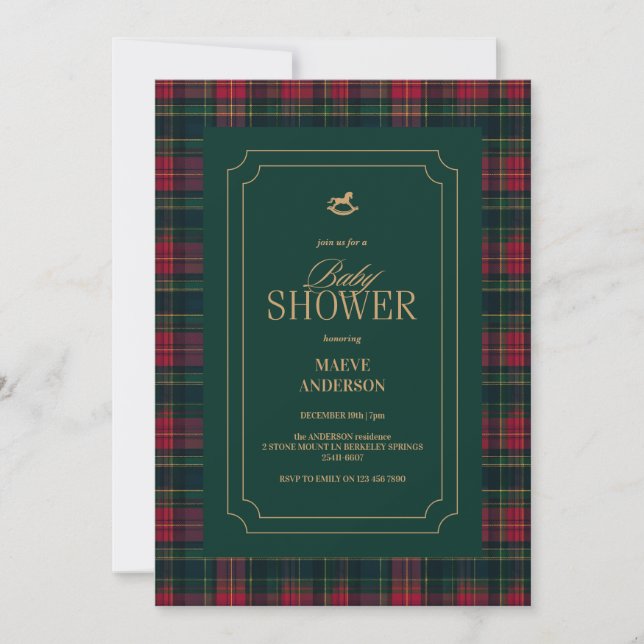 Elegant Tartan Plaid Baby Shower winter red Green Invitation (Front)