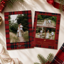 Elegant Tartan Plaid Gold Reindeer Family Photo 