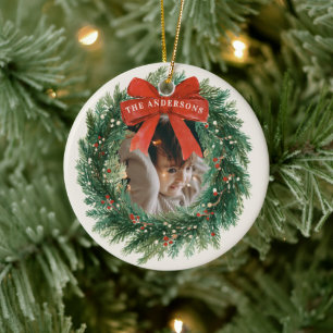 Elegant Tartan Plaid Merry Christmas Family Name Ceramic Tree Decoration