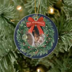 Elegant Tartan Plaid Merry Christmas Family Name Ceramic Tree Decoration