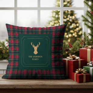 Elegant Tartan Plaid Merry Christmas Family Name Cushion