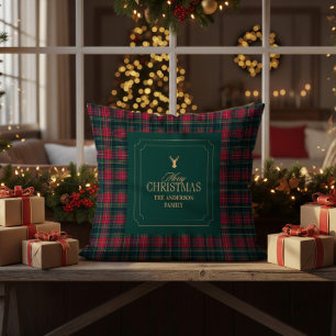 Elegant Tartan Plaid Merry Christmas Family Name Cushion