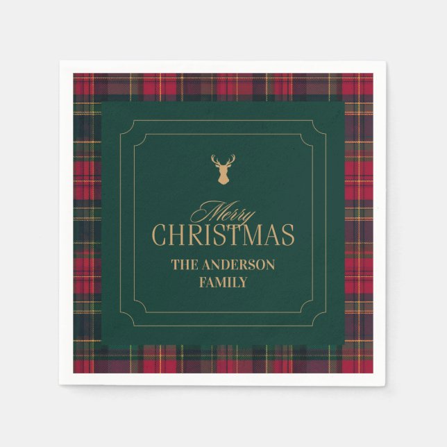 Elegant Tartan Plaid Merry Christmas Family Name Napkin (Front)