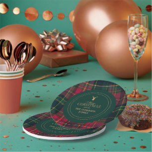 Elegant Tartan Plaid Merry Christmas Family Name Paper Plate