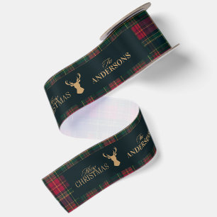 Elegant Tartan Plaid Merry Christmas Family Name Satin Ribbon