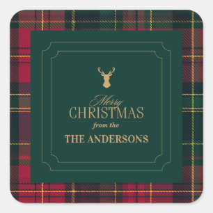 Elegant Tartan Plaid Merry Christmas Family Name Square Sticker