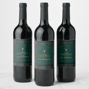 Elegant Tartan Plaid Merry Christmas Family Name Wine Label