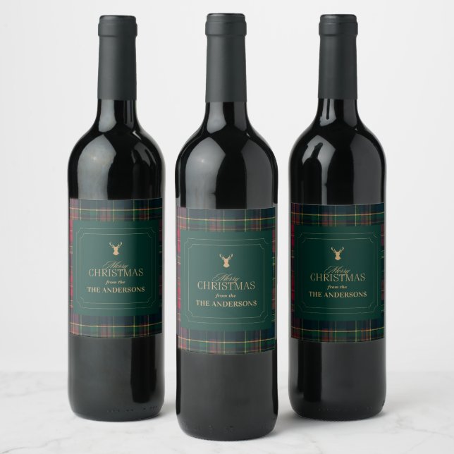 Elegant Tartan Plaid Merry Christmas Family Name Wine Label (Bottles)