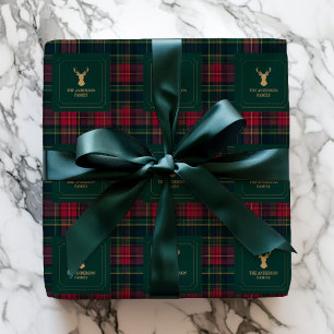 Elegant Tartan Plaid Merry Christmas Family Name Wrapping Paper