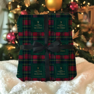 Elegant Tartan Plaid Merry Christmas Family Name Wrapping Paper