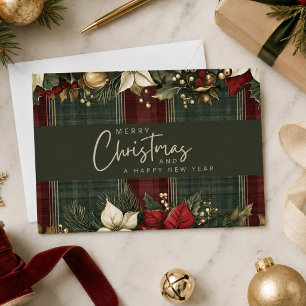 Elegant Tartan Plaid Poinsettias Merry Christmas Holiday Card