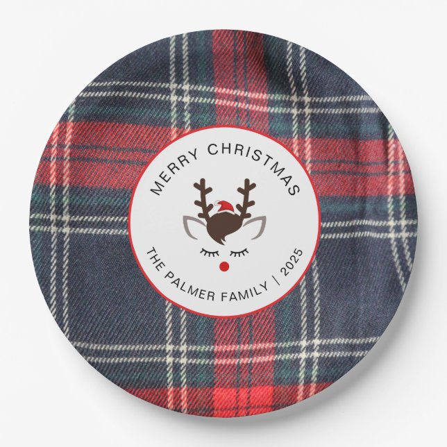 Elegant Tartan Plaid & Reindeer Christmas Family Paper Plate (Front)