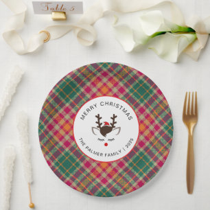 Elegant Tartan Plaid & Reindeer Christmas Family Paper Plate