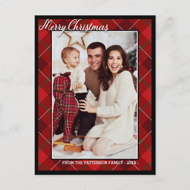 Elegant Tartan Style Merry Christmas Family Photo Postcard (Front)