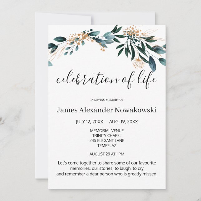 Elegant Tasteful Floral Life Celebration Funeral  Invitation (Front)