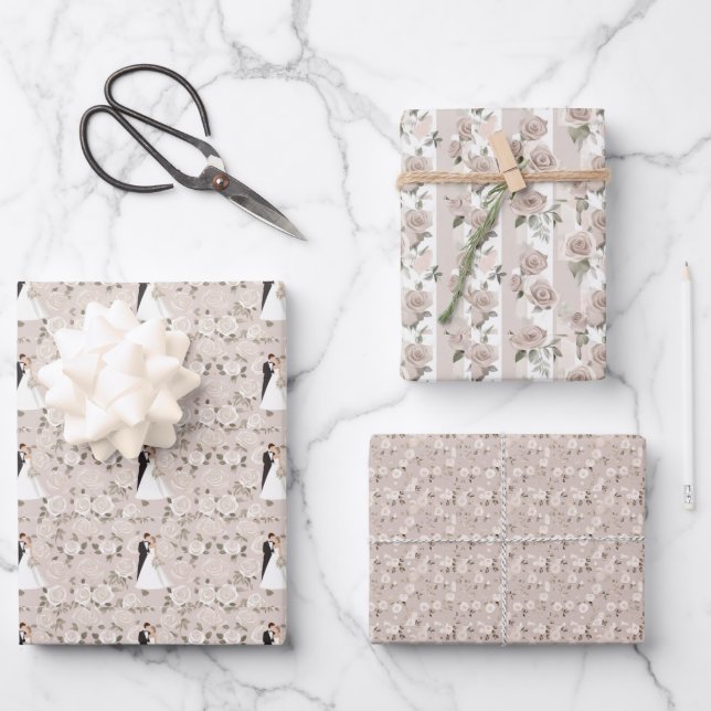 Elegant taupe and white wedding wrapping paper (Front)