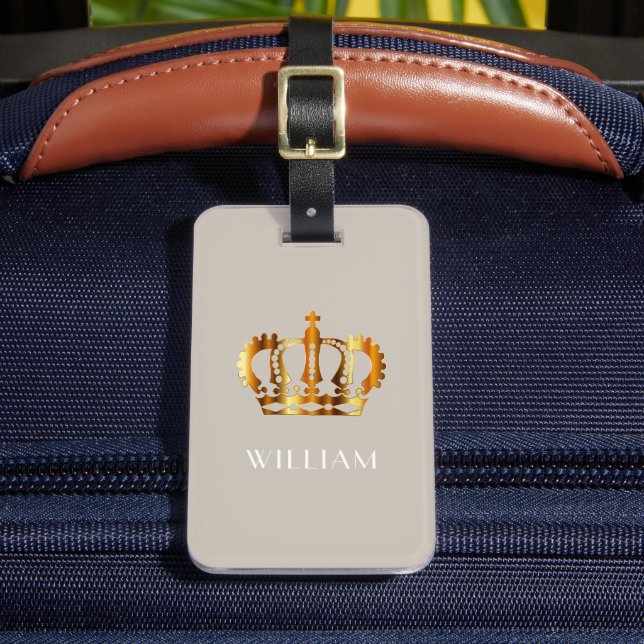 Elegant Taupe Beige Faux Gold Crown  Luggage Tag (Front Insitu 2)