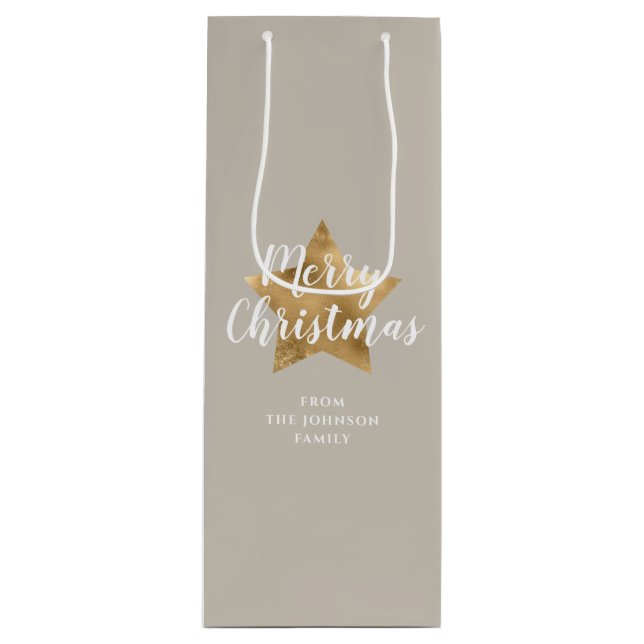 Elegant Taupe Beige Faux Gold Star Merry Christmas Wine Gift Bag (Front)