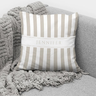 Elegant Taupe Beige Stripes Pattern Name Cushion
