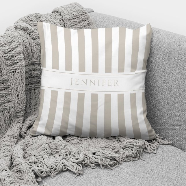Elegant Taupe Beige Stripes Pattern Name Cushion (Creator Uploaded)