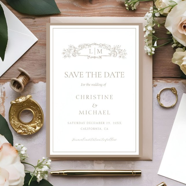 Elegant Taupe botanical crest monogram wedding Save The Date (Creator Uploaded)