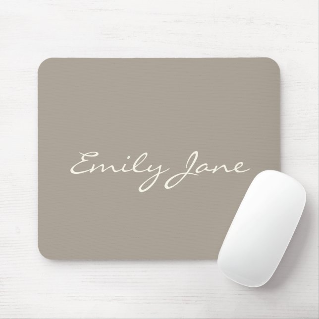 Elegant Taupe Brown Handwritten Script Name Custom Mouse Mat (With Mouse)