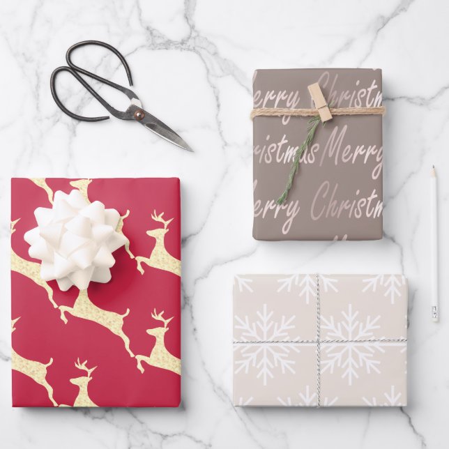 Elegant Taupe Cream Red Reindeer Snowflake Wrapping Paper Sheet (Front)