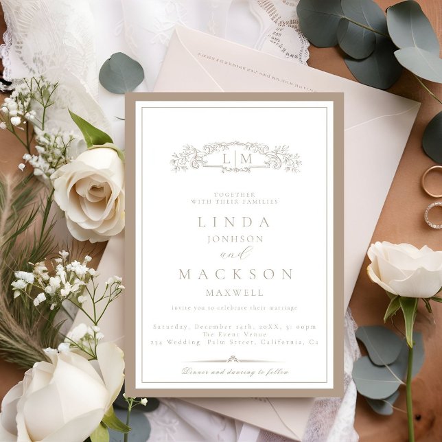 Elegant Taupe Crest Monogram Wedding   Invitation (Creator Uploaded)