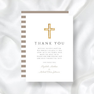 Elegant Taupe Cross Boy Baptism Thank You Card